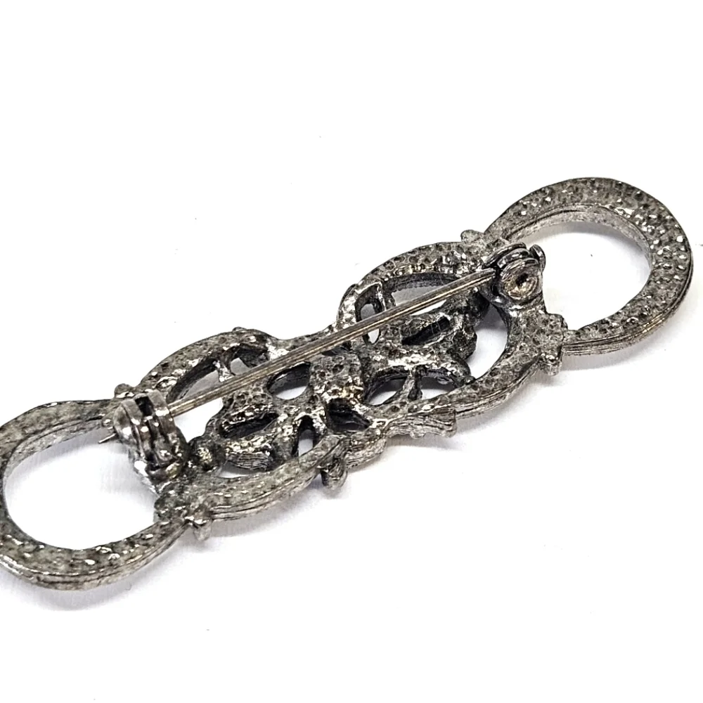 VINTAGE Victorian Revival Silver Tone Marcasite Rhinestone Brooch Pin